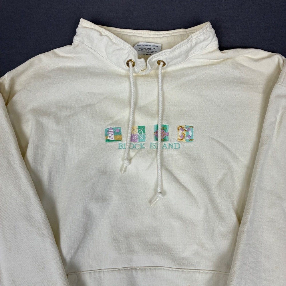 Vintage Watercolorz Block Island Pullover Drawstring Sweater Men's Medium White